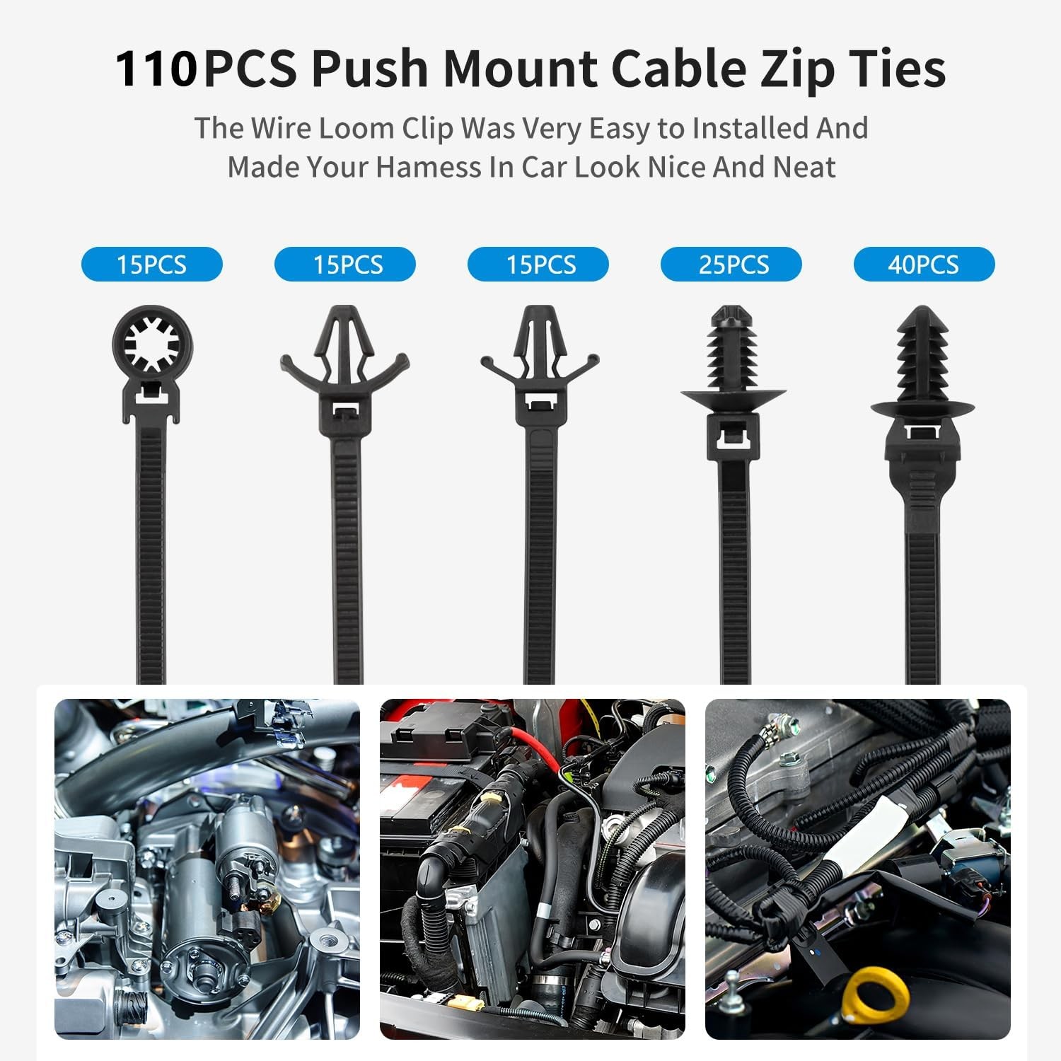 110 PCS Automotive Installation Black Push Mount Cable Zip 110 PCS,