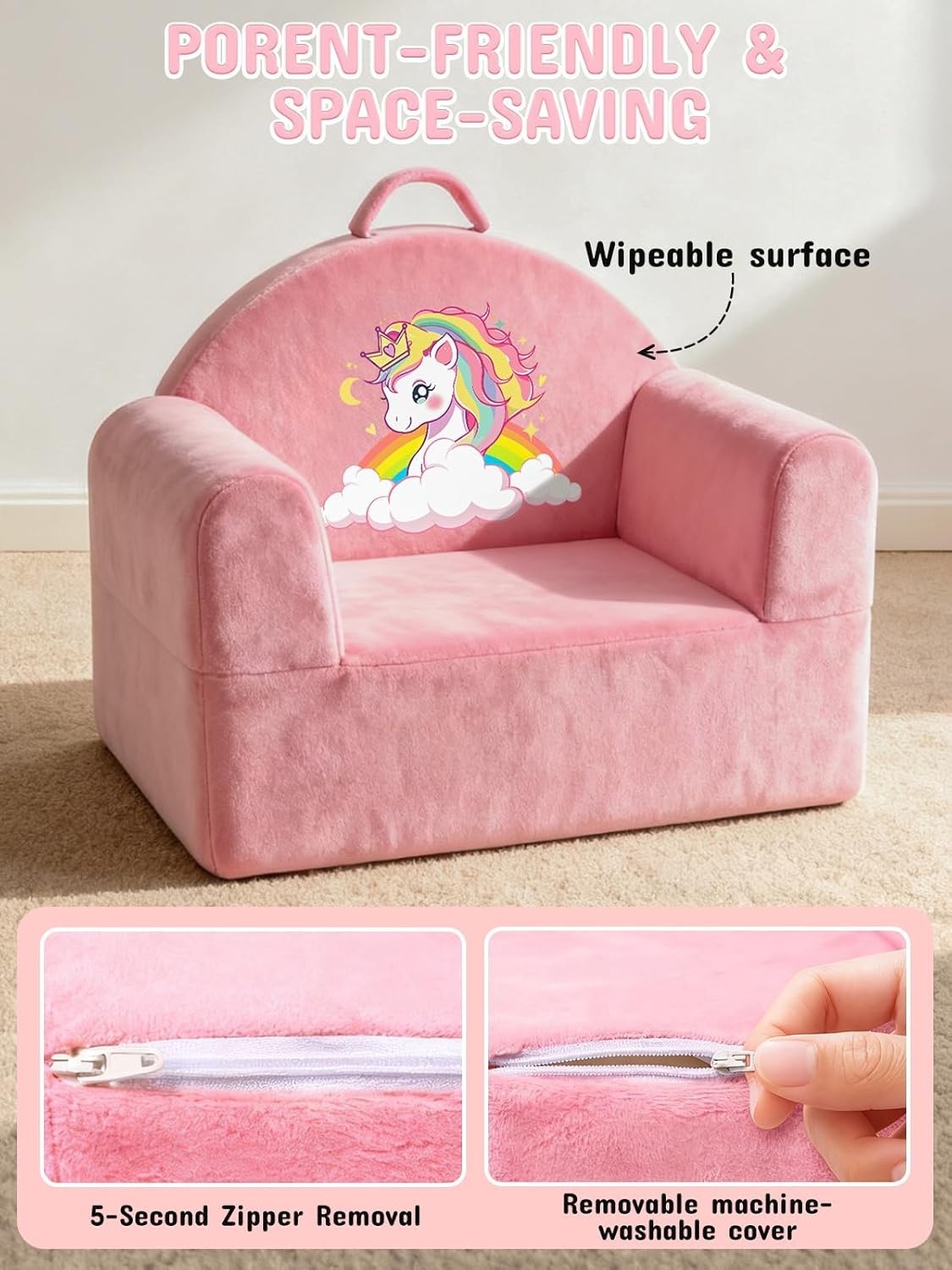 Kids Sofa Chair Pink Unicorn Toddler Chair Removable Washable Cover Cozy Velvet