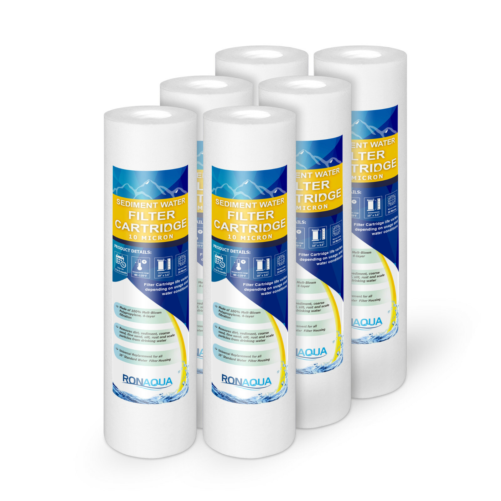 6 Sediment 10 Micron Water Filter Cartridges 2.5" x 10" for Reverse Osmosis
