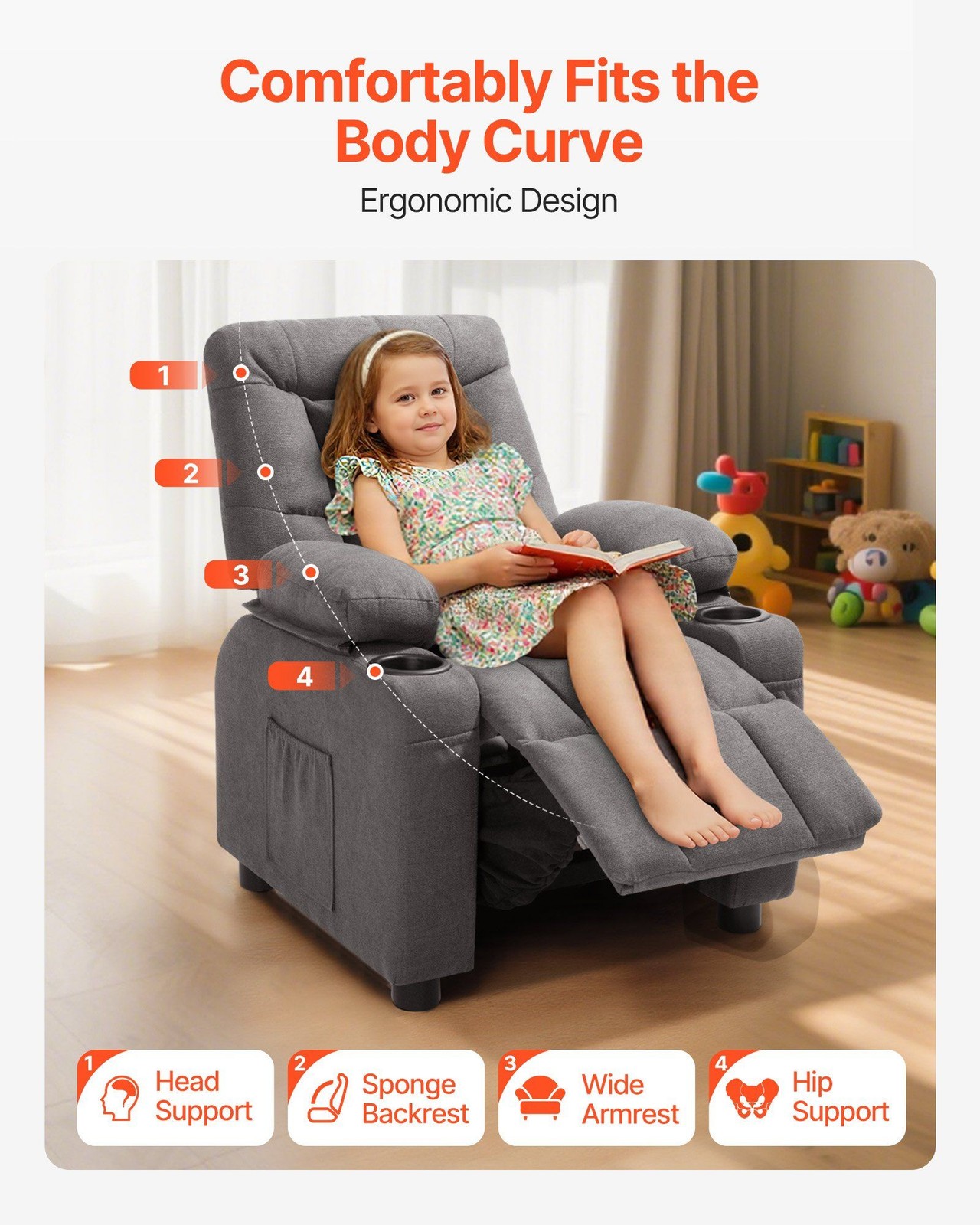 Toddler Recliner Sofa: Adjustable Backrest, Soft Polyester, Book & Drink Storage