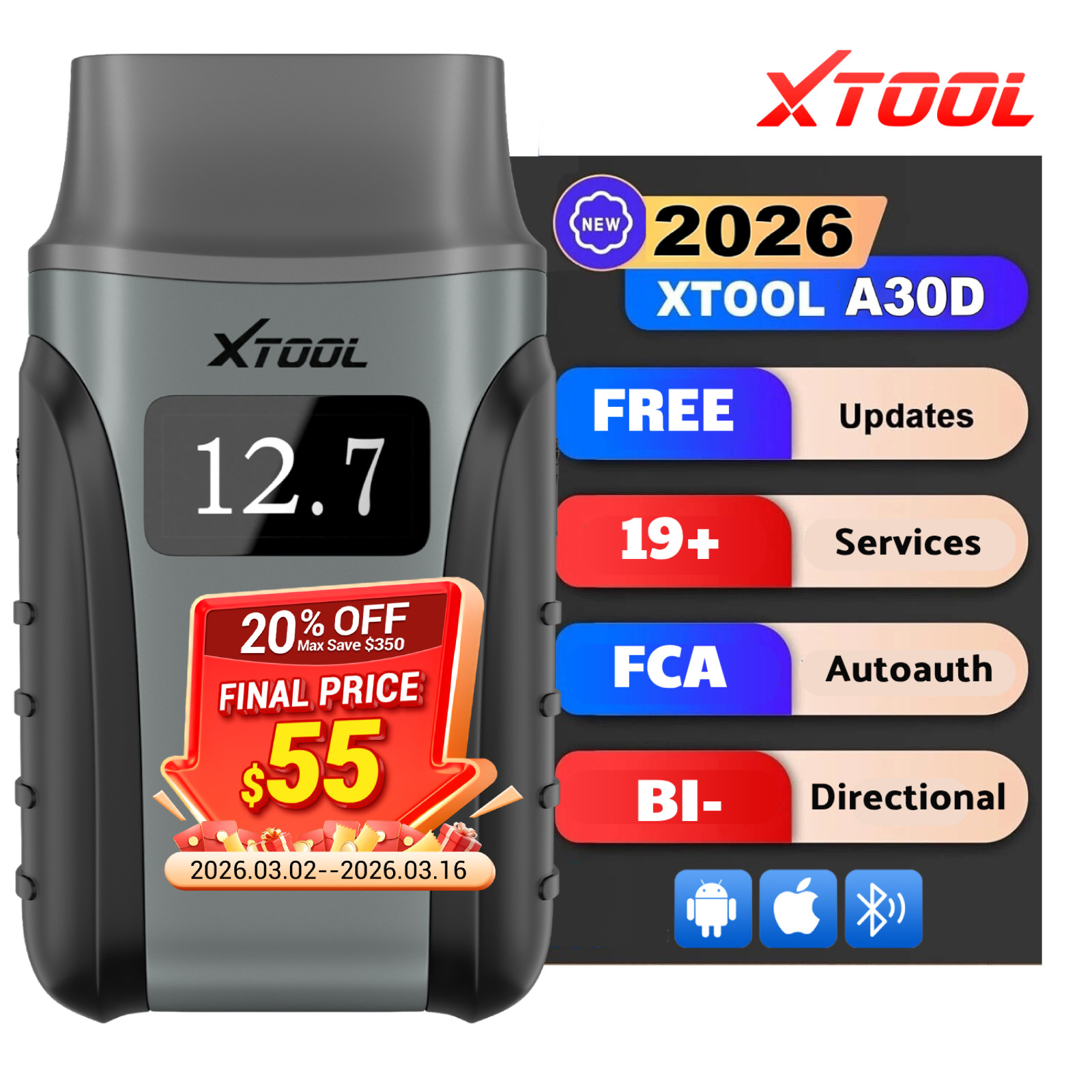 2026 XTOOL A30D V2.0 Bluetooth OBD2 Scanner Full System Diagnostic FCA Autoauth