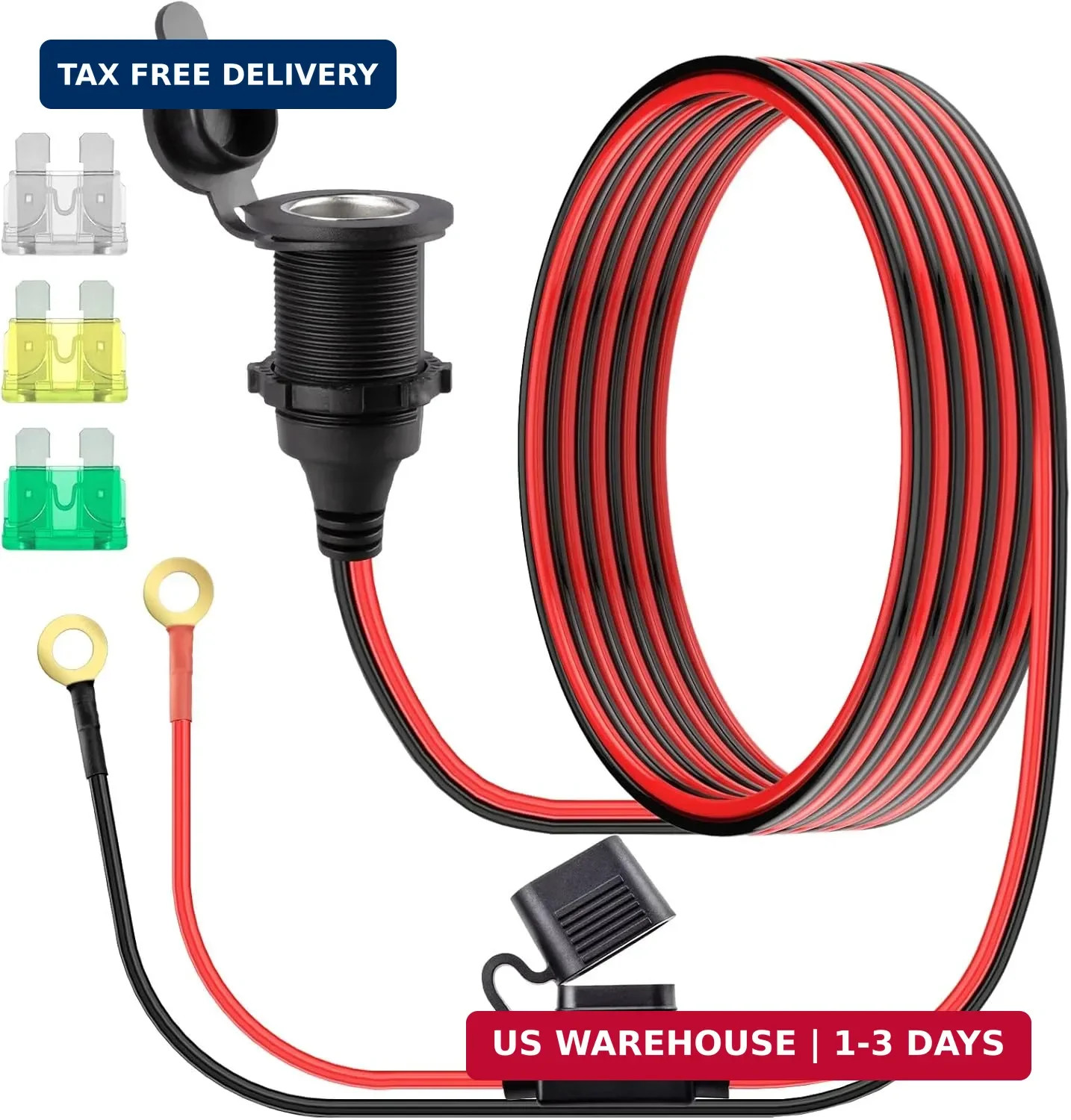 10 FT 12V Fixed Thread Power Outlet, 12V Female Cigarette Lighter Socket, 12 AWG