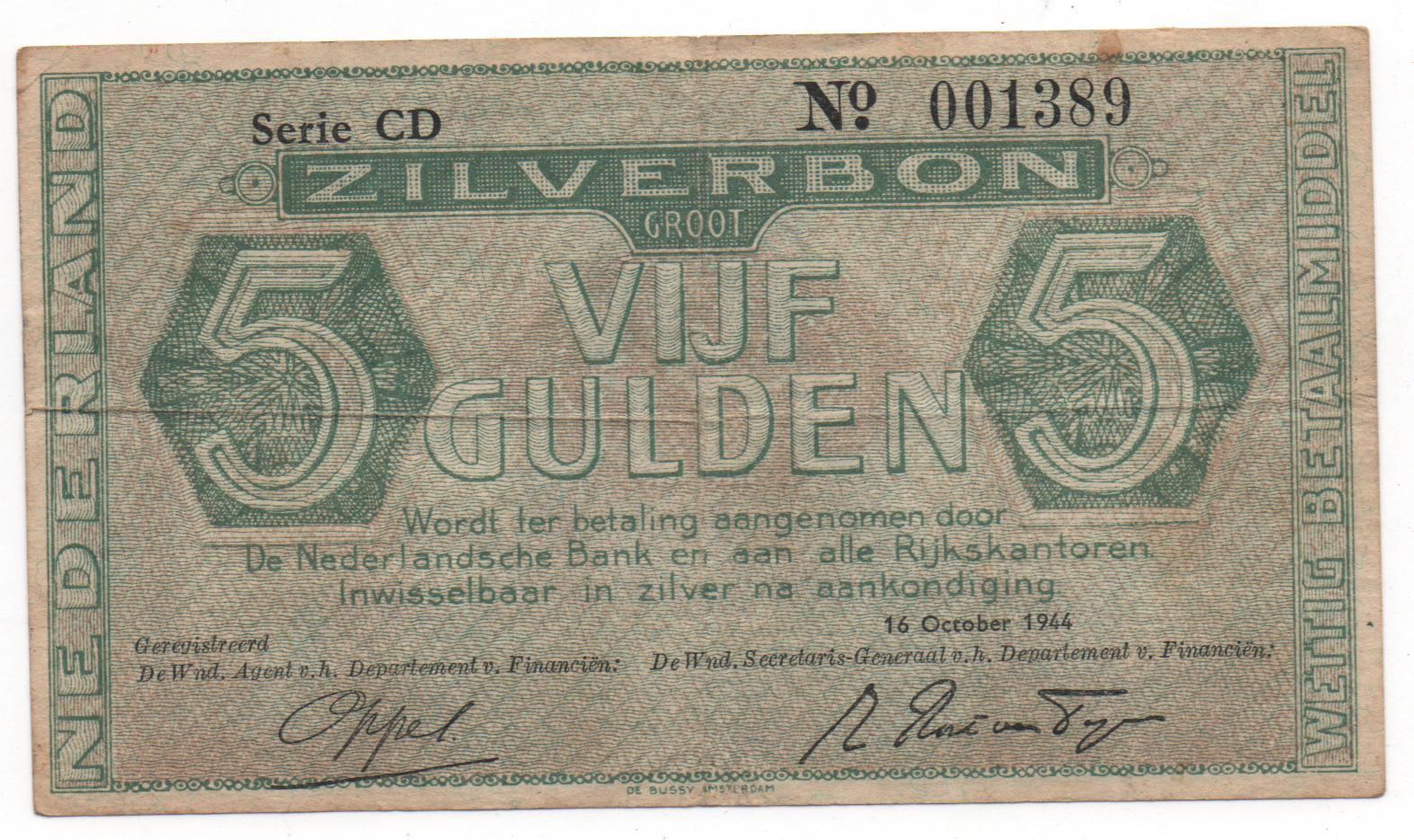 NETHERLANDS 5 GULDEN 1944 PICK 63 LOOK SCANS