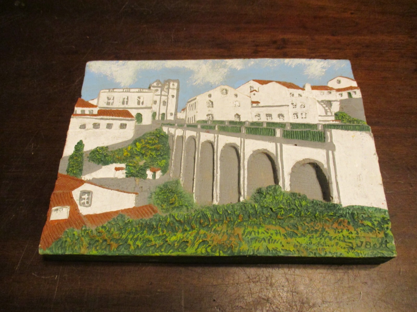 Vila de Nordeste Patrimony bridge & buildings plaster wall hanging signed REG