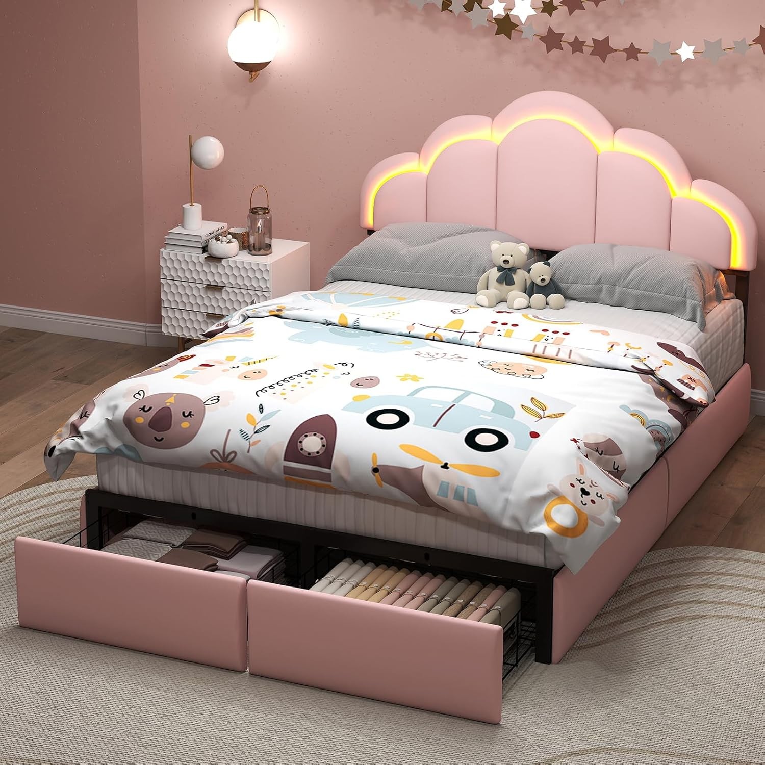Twin Full Upholstered Bed Frame w/ Storage Drawer & LED Headboard for Kids/Girls