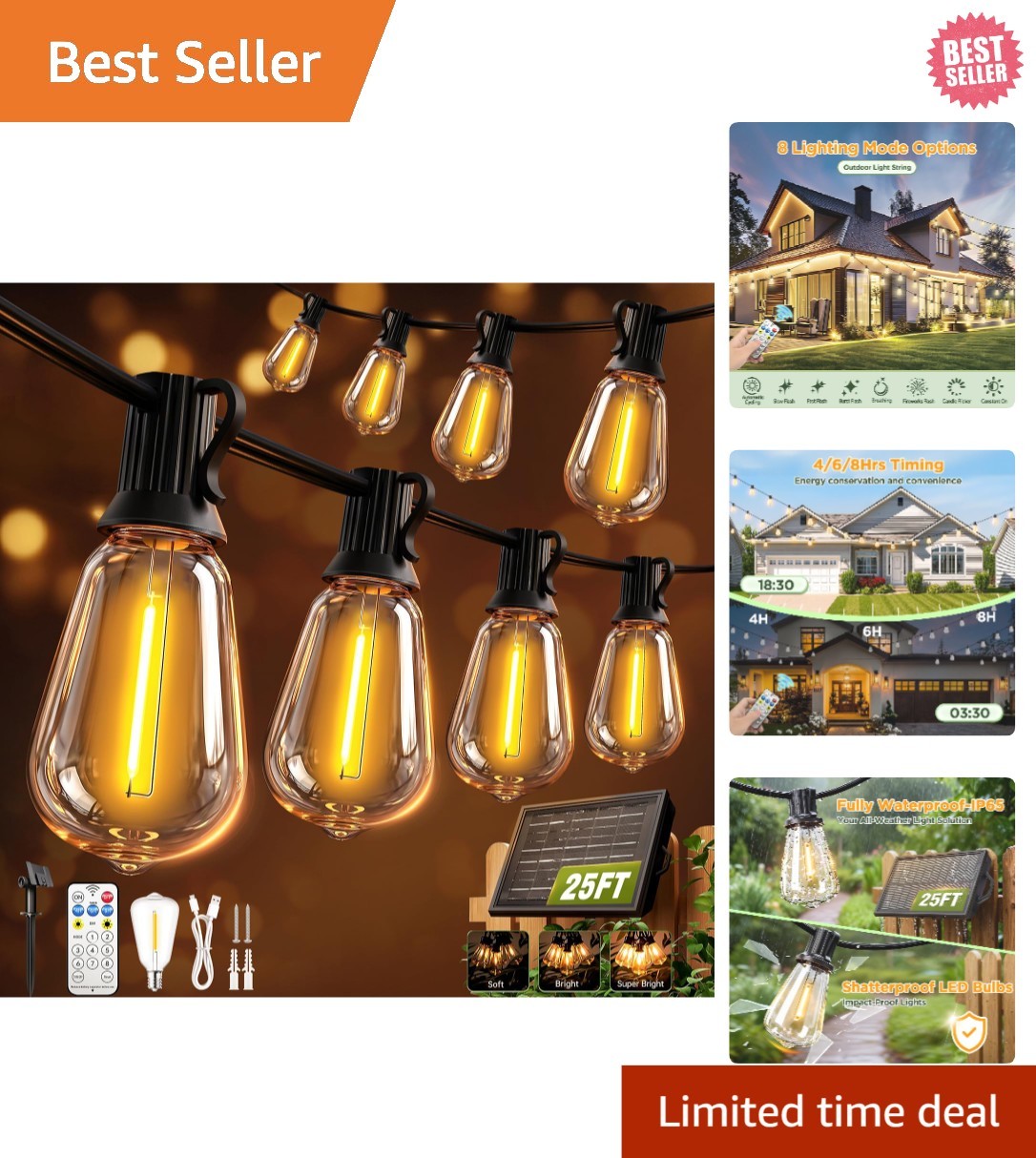 25FT Solar String Lights Outdoor Waterproof with Remote Control Solar Patio L...