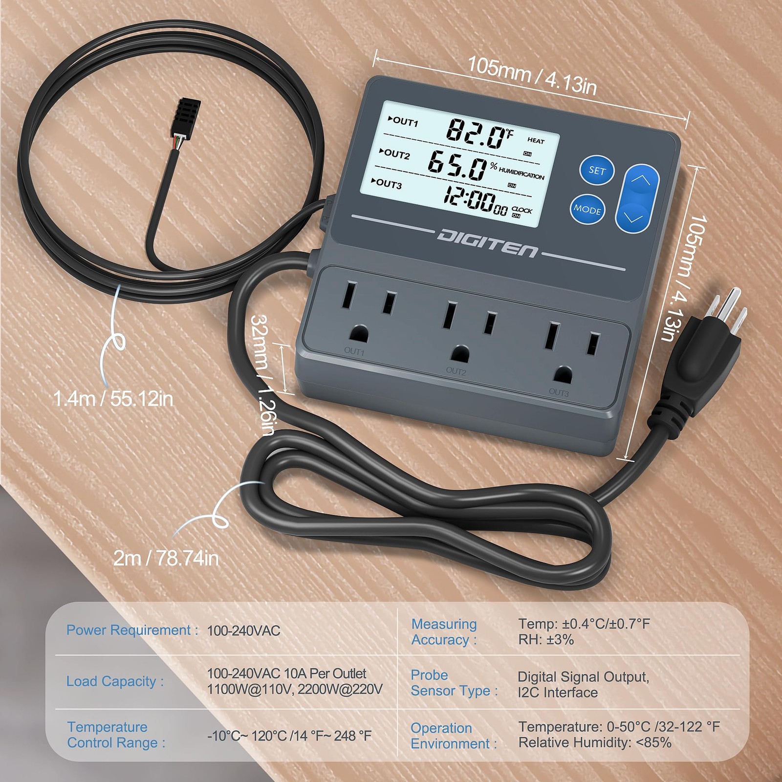 DIGITEN Reptile Temperature and Humidity Controller with Timer Outlet, Gray