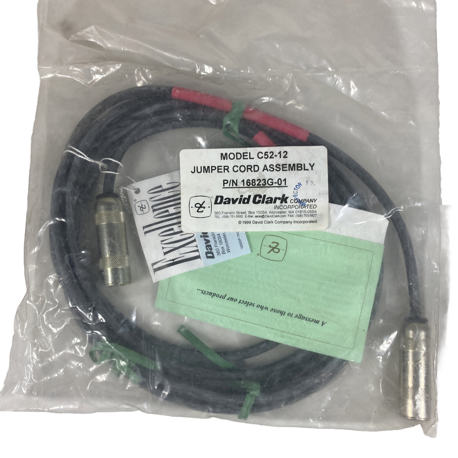 New David Clark C52-12 Jumper Cord Assembly 12 Foot Part Number 16823G-01