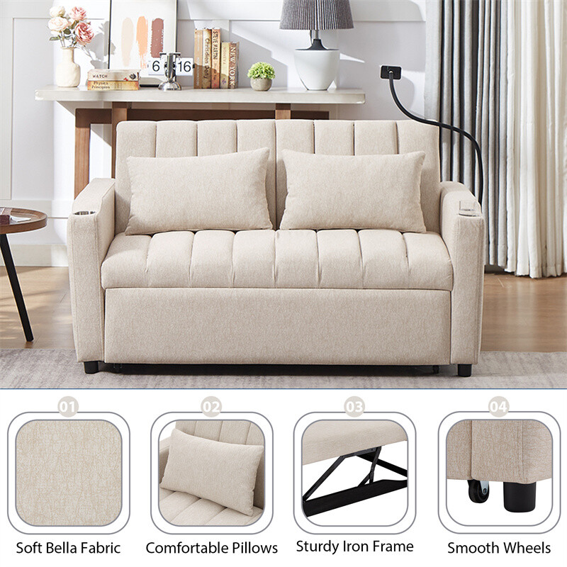 55.9" Convertible Sofa Bed Loveseat Sofa w/Adjustable Backrest & Phone Holder
