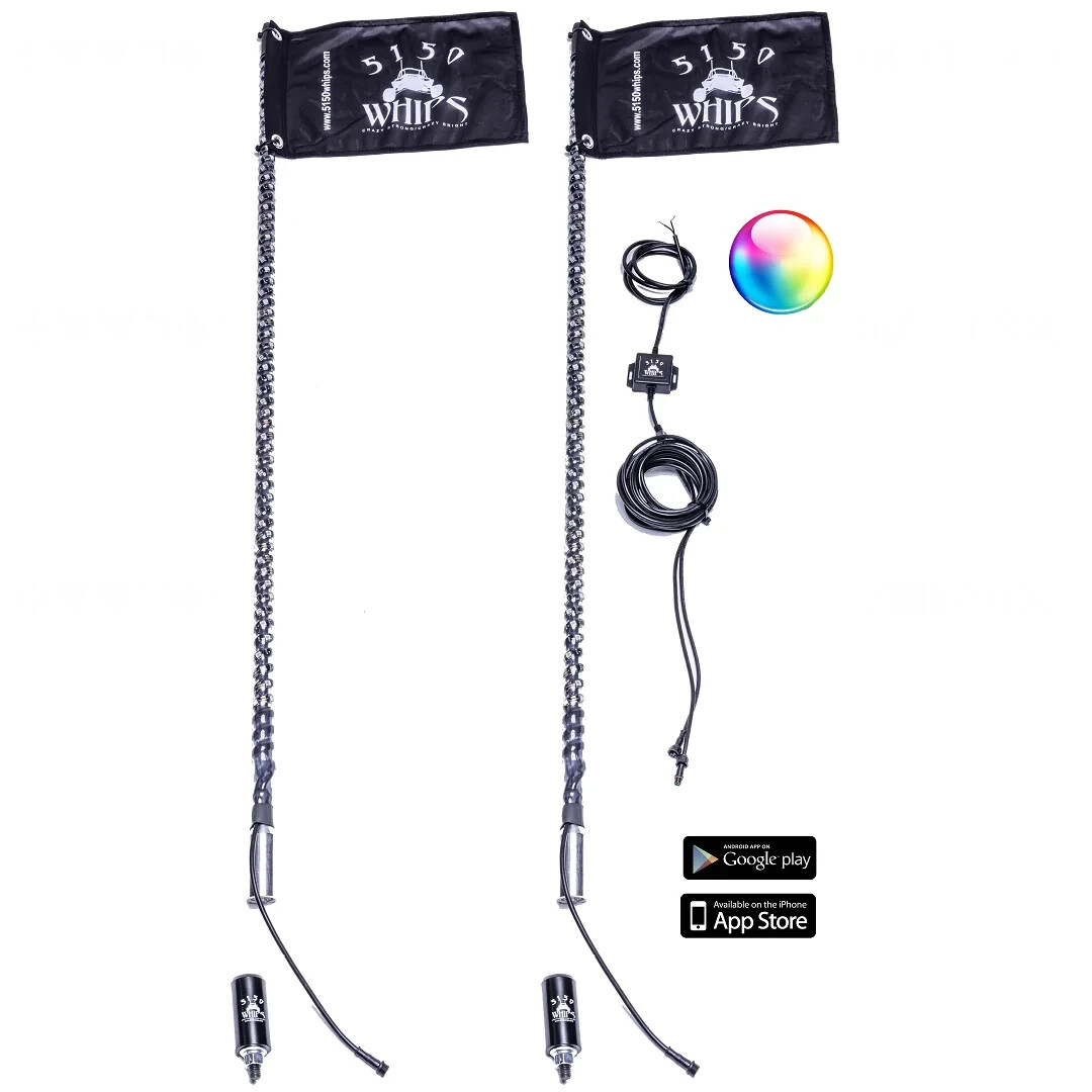 (2) 5150 Whips 187 2FT LED RGB Whip Lights Bluetooth Flag Pair Polaris Can-Am
