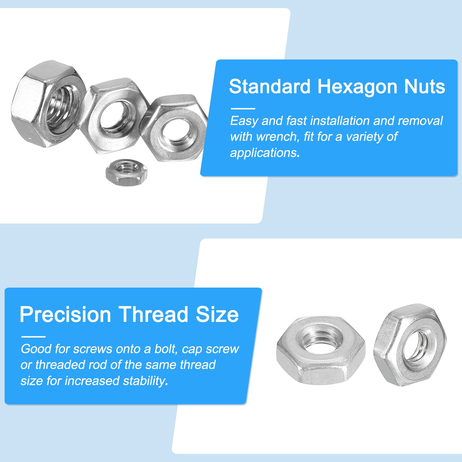 Hex Nuts (#6-32) 100Pcs 304 Steel Coarse Thread Nut Silver