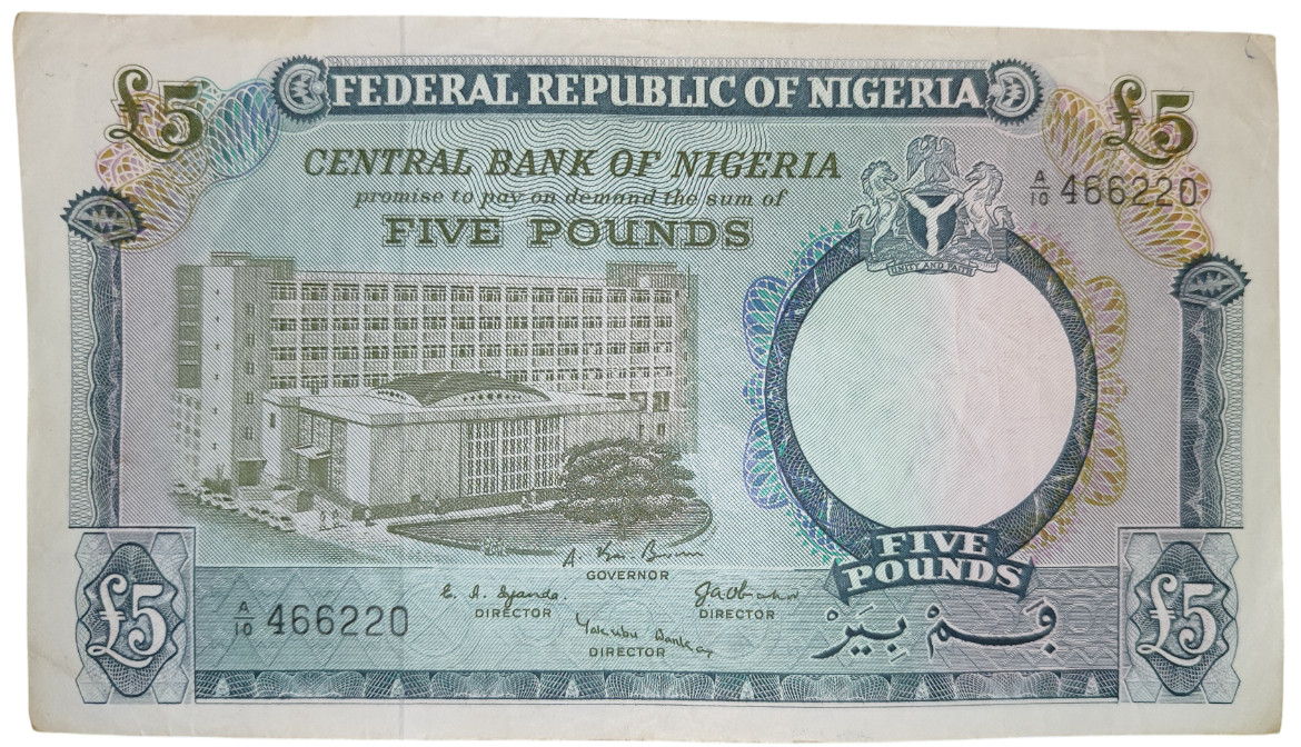 Nigeria 1965 £5 (P-9) | VF (Very Fine) | A/10 466220 | Pre-Naira