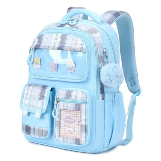 Kids Backpack for Girls - Kawaii School Backpack with Cartoon Pins & Pom Blue