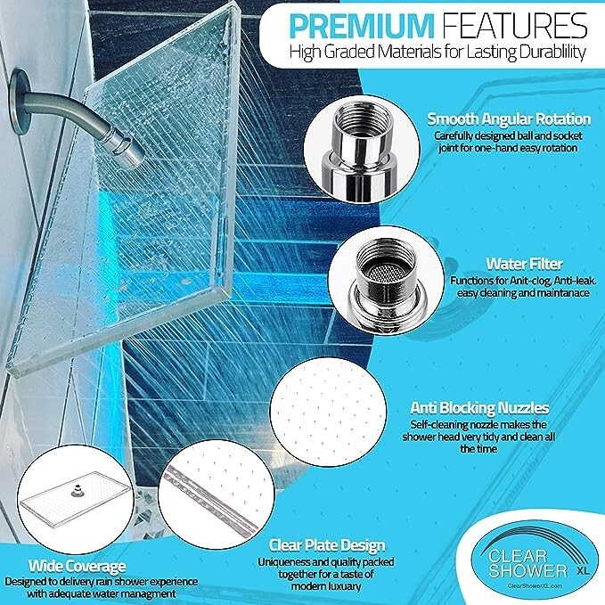 CLEAR RECTANGLE 18IN WATERFALL SHOWERHEAD