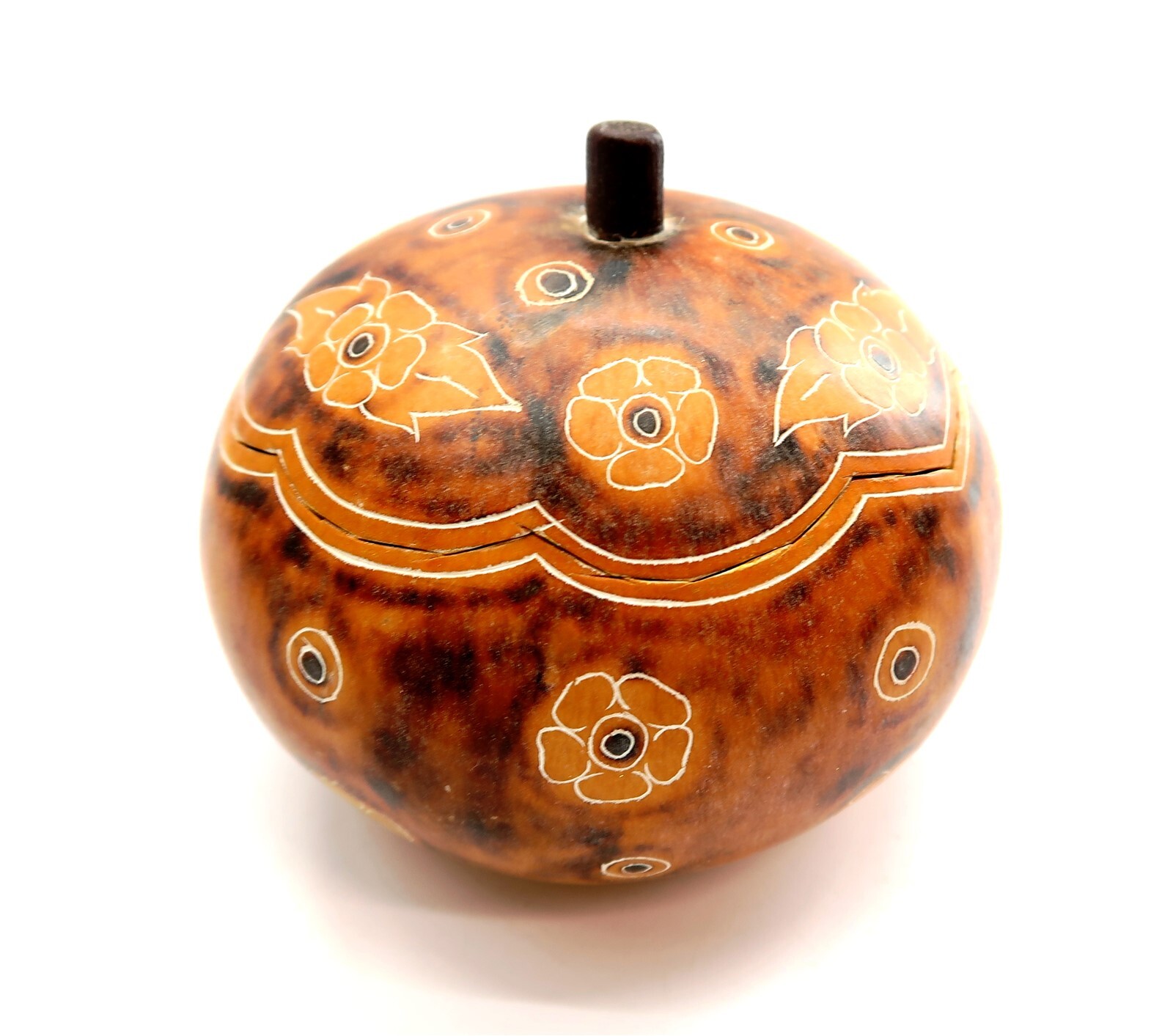 Peruvian Decorative TRINKET BOX Gourd Folk Art with Flowers from Peru 3.5" Tall