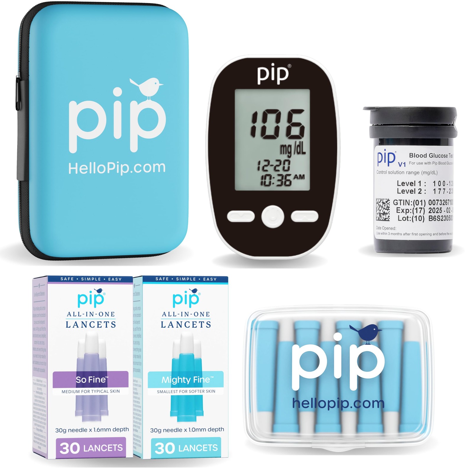 Pip Blood Glucose Monitor Kit with Preloaded Safety Lancets - 50ct Kit, Blue
