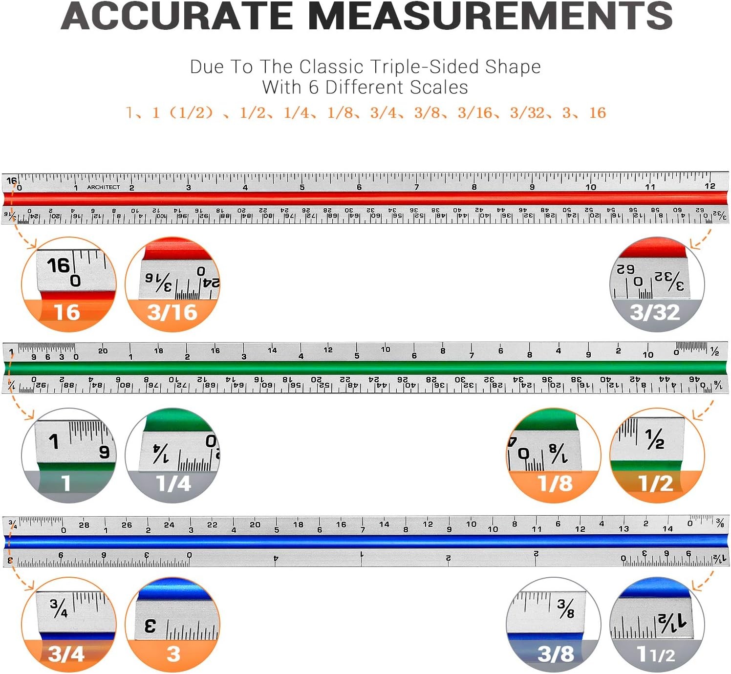 12" Architectural Scale Ruler Aluminum Architect Scale Triangular Scale Ruler fo