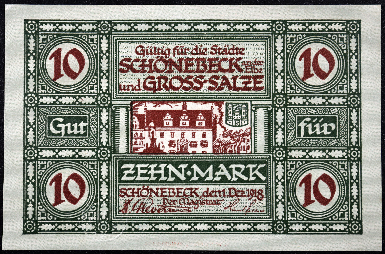 SCHÖNEBECK and GROSS-SALZE / BAD SALZELMEN 1918 10 Mark Grossnotgeld Germany