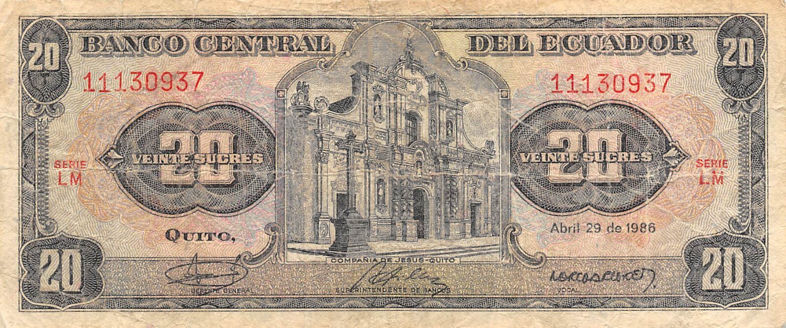 Ecuador  20  Sucres  4.29.1986  Series  LM   Circulated Banknote Top4