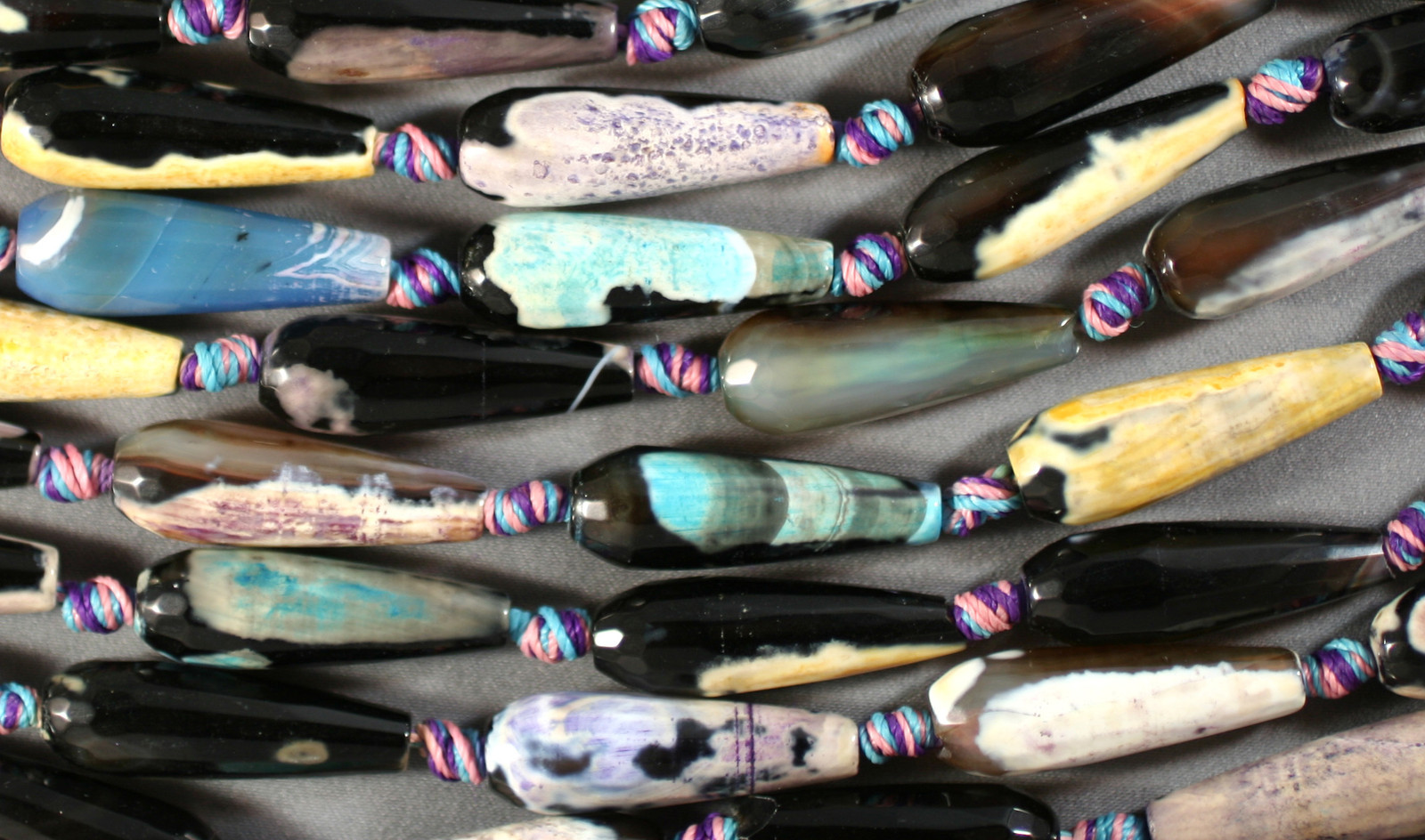 FUN 'PAINTED' BLACK CRAB AGATE 30X10MM FACETED TEARDROP BEADS PURPLE BLUE YELLOW