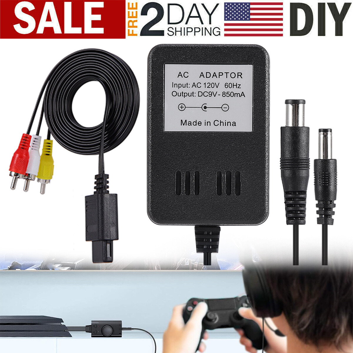 AV RCA Audio+AC Cable Power Supply Adapter Cord For Super Nintendo SNES Game Set