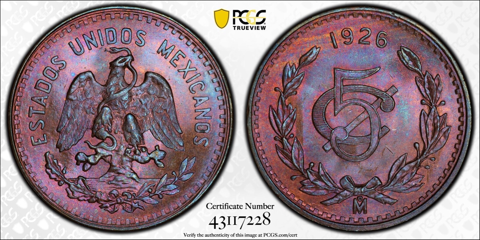 MEXICO ESTADOS UNIDOS  1926  5 CENTAVOS COIN PCGS CERTIFIED UNCIRCULATED MS66-BN