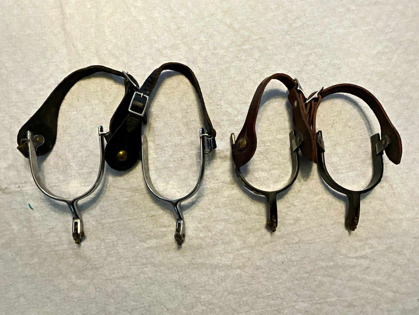 2 Vtg Pair Metal Spur Rowel Riding Spurs w/ Leather Straps, Black & Brown