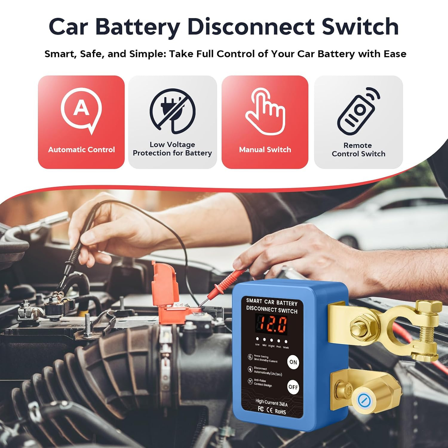 Kill Switch for Car - 12V Remote Battery Disconnect Switch Smart Voltage Car Bat