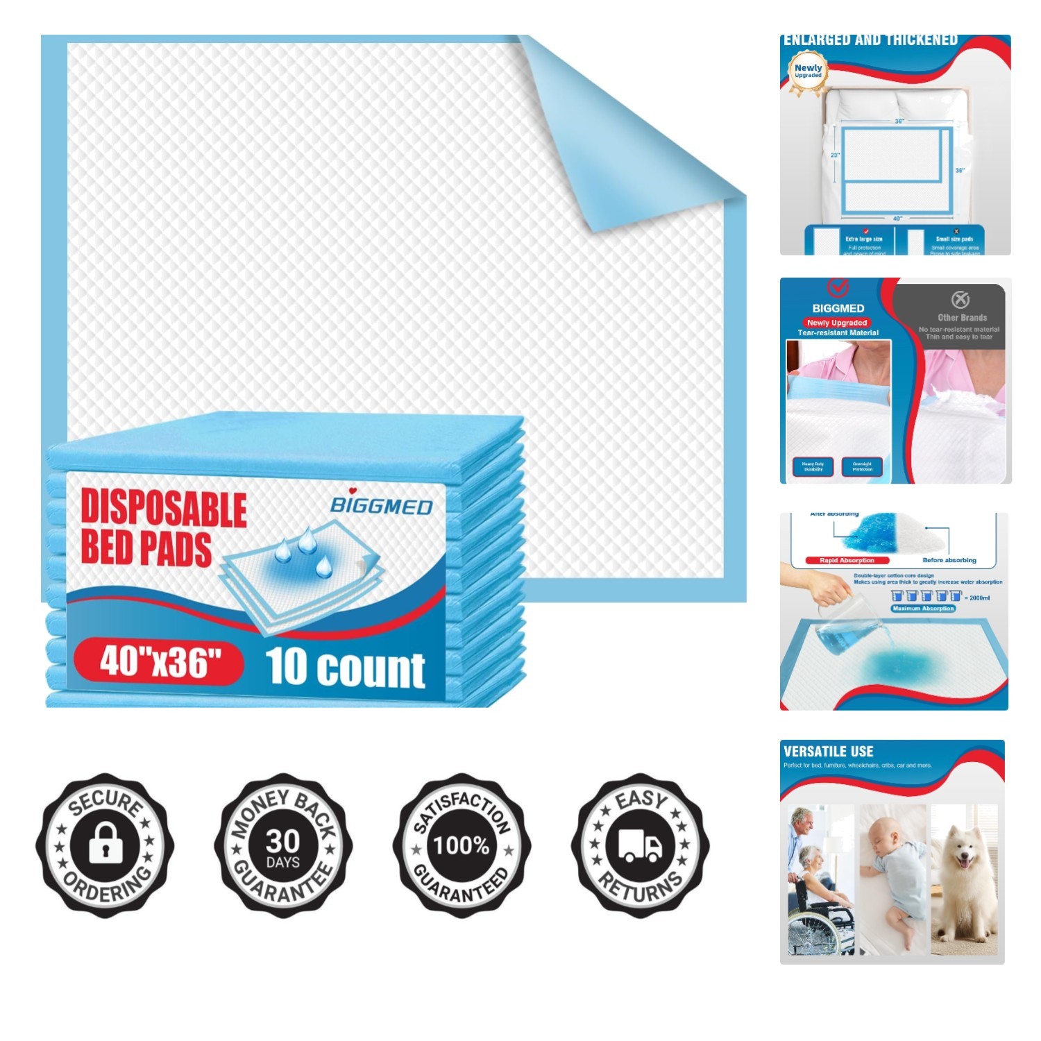 Ultra-Absorbent Bed Pads 40''x36'' - 10 Count for Overnight Protection & Comfort