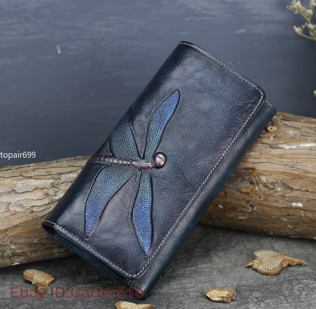 Women Genuine Leather Wallet Dragonfly Clutch Cards Holder Long Purse Money Bag