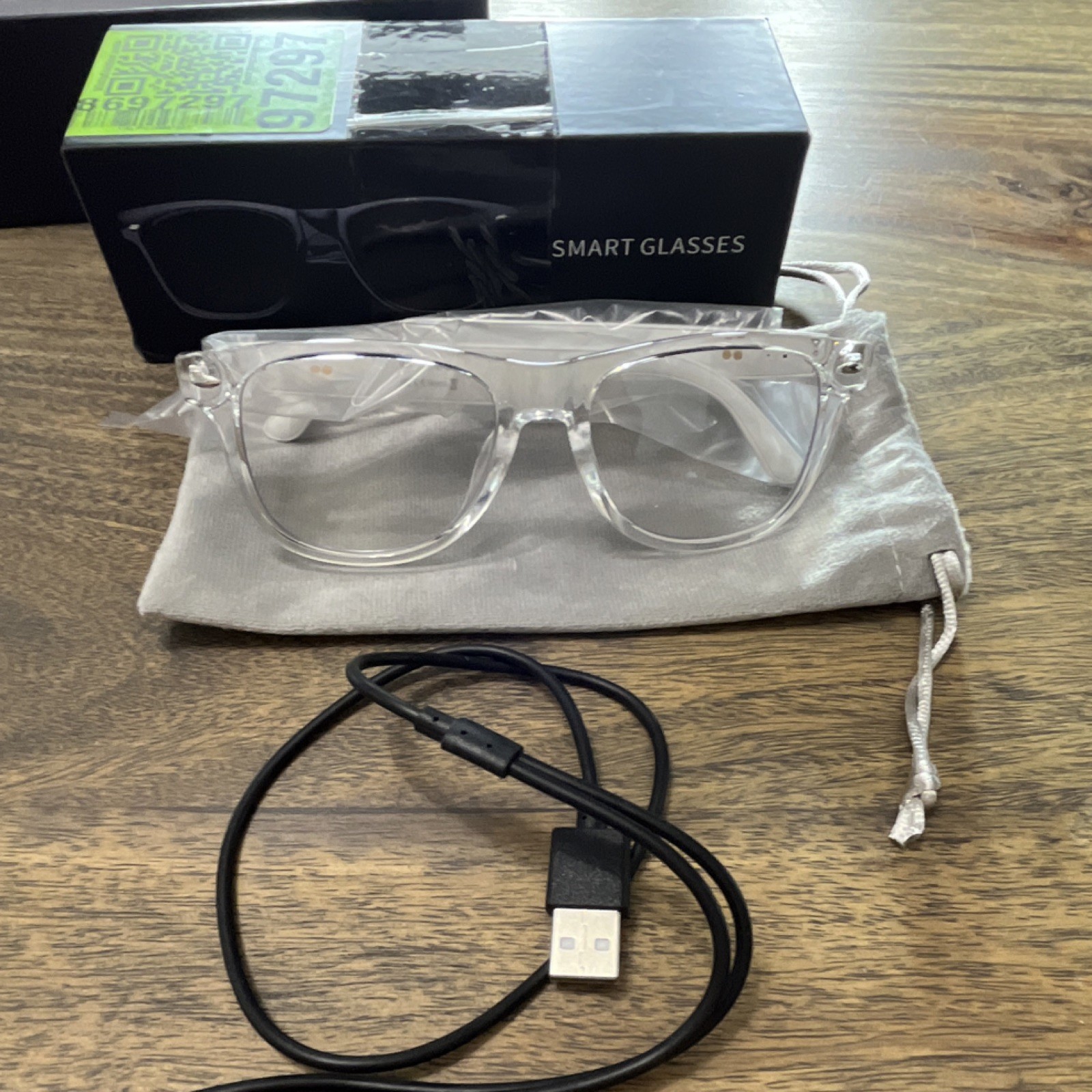 GMSV Smart Glasses Clear Frame USB Connectivity Includes USB Charging Cable