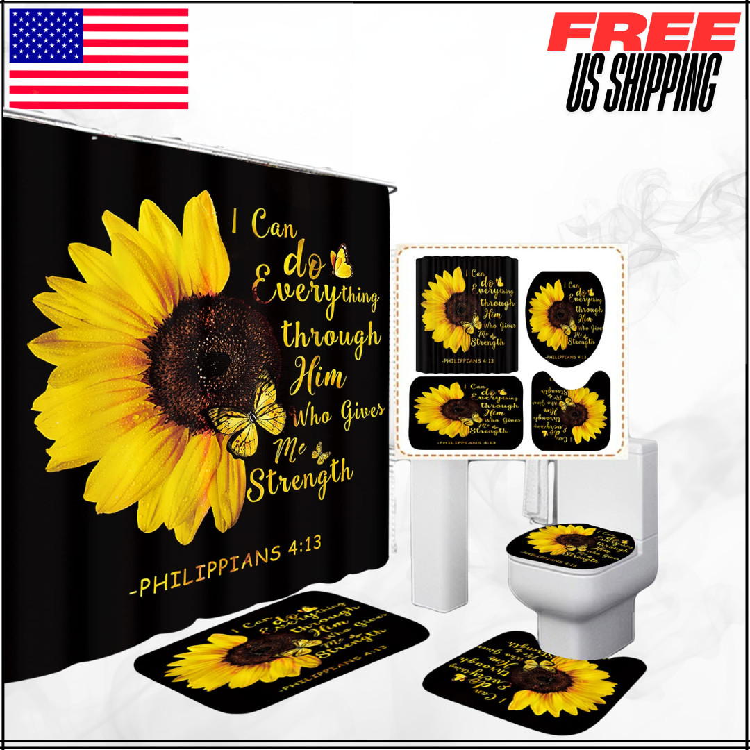 Sunflower Shower Curtain Set Inspirational Quotes Floral Bathroom Decor Rugs 4PC