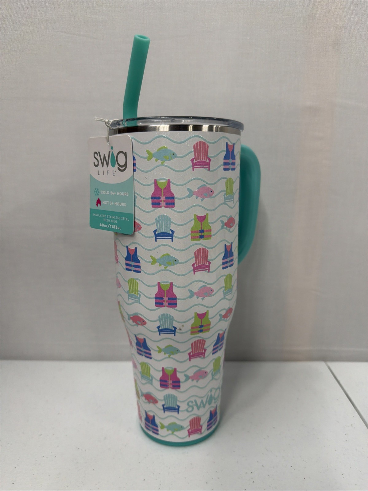 Swig Life Lake Girl 40oz Mega Mug Tumbler w/ Handle Fish Life Jackets Chairs