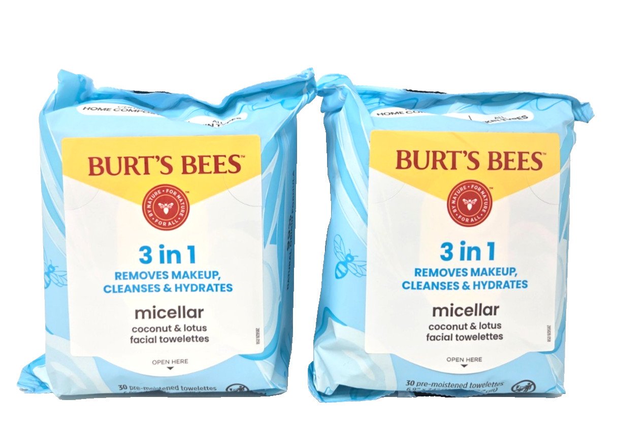 BURT'S BEES 3in1 Micellar Coconut & Lotus Makeup Remover Wipes, 30ct, (2 Pack)