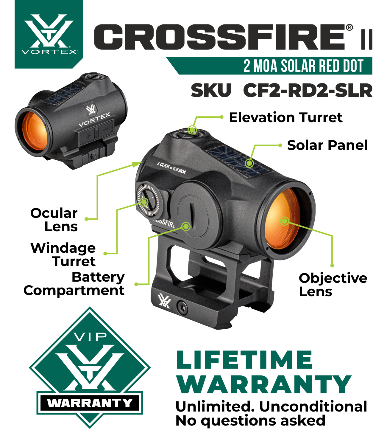 Vortex Optics Crossfire II 2 MOA Solar Red Dot Black CF2-RD2-SLR with Camo Cap