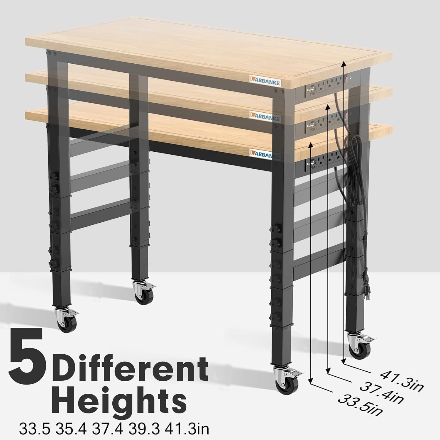 Versatile 48" Rubber Wood Workbench with Adjustable Height & Mobility Wheels