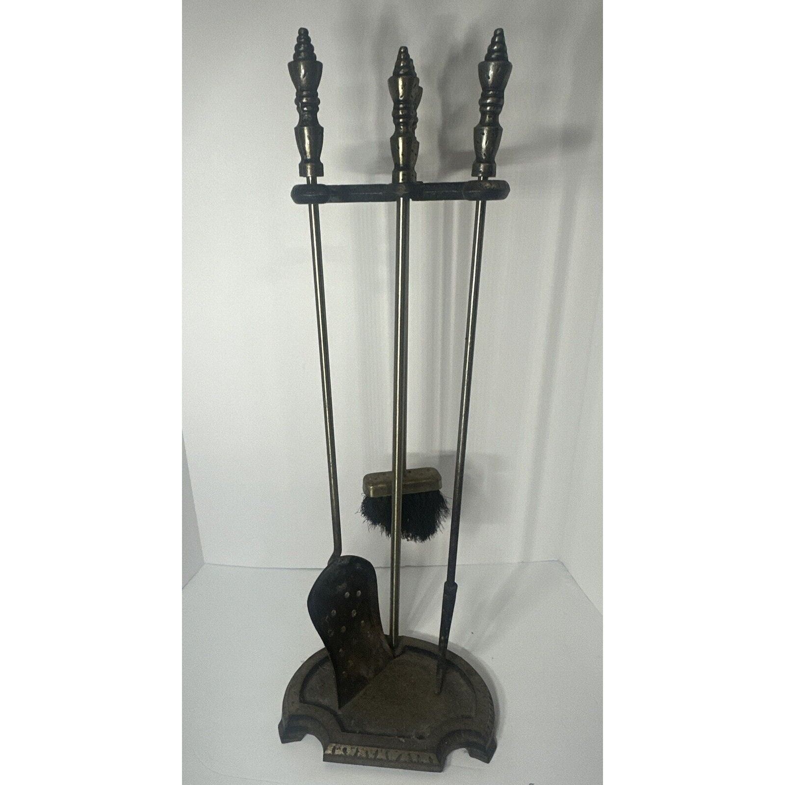 Vintage Brass Fireplace Mantel Accessory Shovel Poke Broom & Stand 4-piece Set