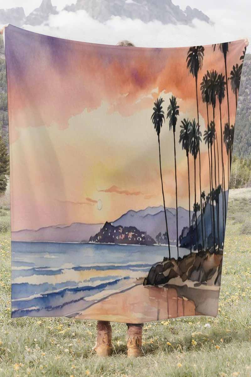 Watercolor Tropical Sunset Beach Coral Fleece Cozy Throw Blanket Boho Stunning