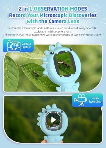 Kids Microscope Camera, 500X Handheld 2" IPS Screen, Blue Dinosaur | 2-in-1...