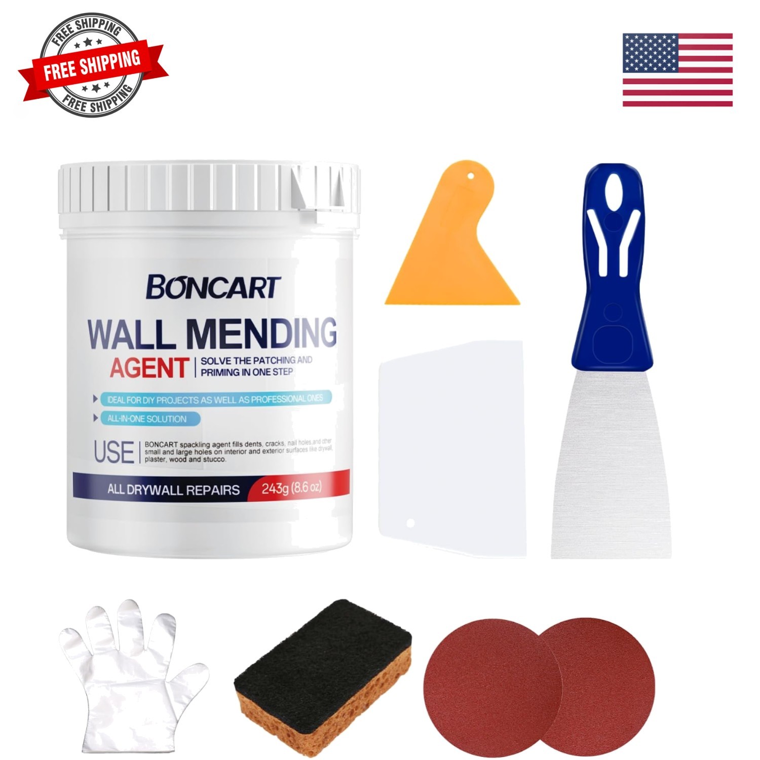 8.6oz Drywall Patch Repair Kit - Professional All-in-1 Tool Set Scrapers/Sand...