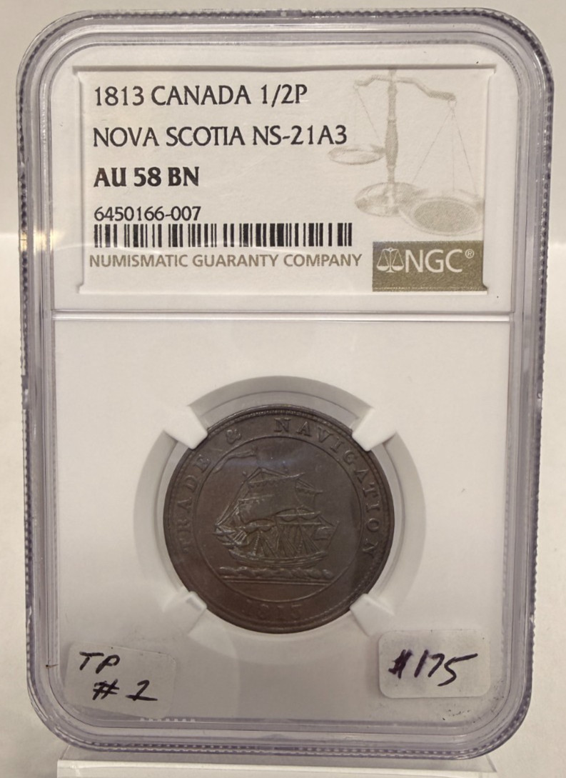 1813 CANADA 1/2 PENNY NOVA SCOTIA NS-21A3 NGC AU 58 BN