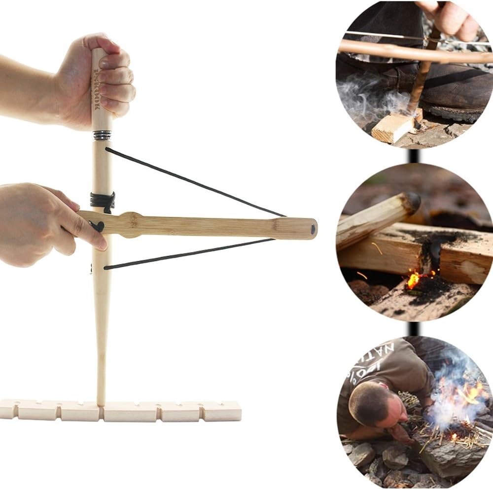 Bow Drill Kit Fire Starter, Primitive Wooden, Friction Fire-Making Tool