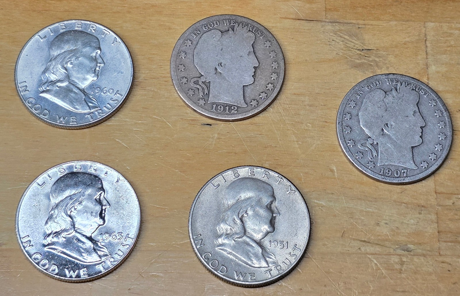 Lot Of (5) Fanklin HALF DOLLARS FBL Barber Half 90% Silver $2.50 Face Value #1