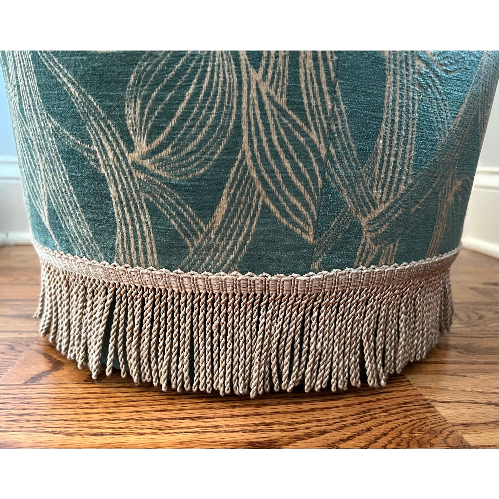 Gubi Pouffe Ottoman Round Stool Upholstered Mid Century Art Deco Fringe Trim 15”
