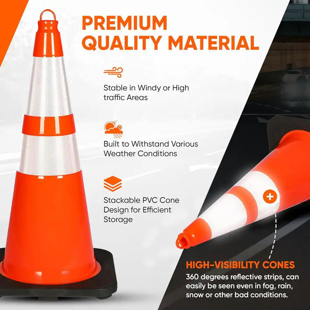 Pyle 28 In. PVC Traffic Cones, 10-Pack, High-Visibility Orange, Durable, Stackab