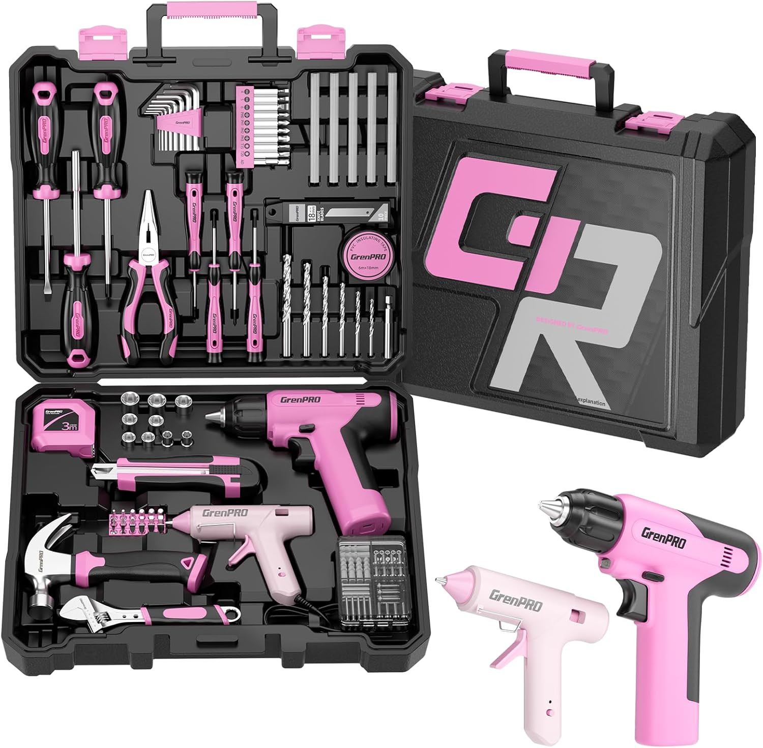 GRENPRO Pink Tool Set Drill Set, 188PCS Tool Kit for Home with Pink Cordless Dri