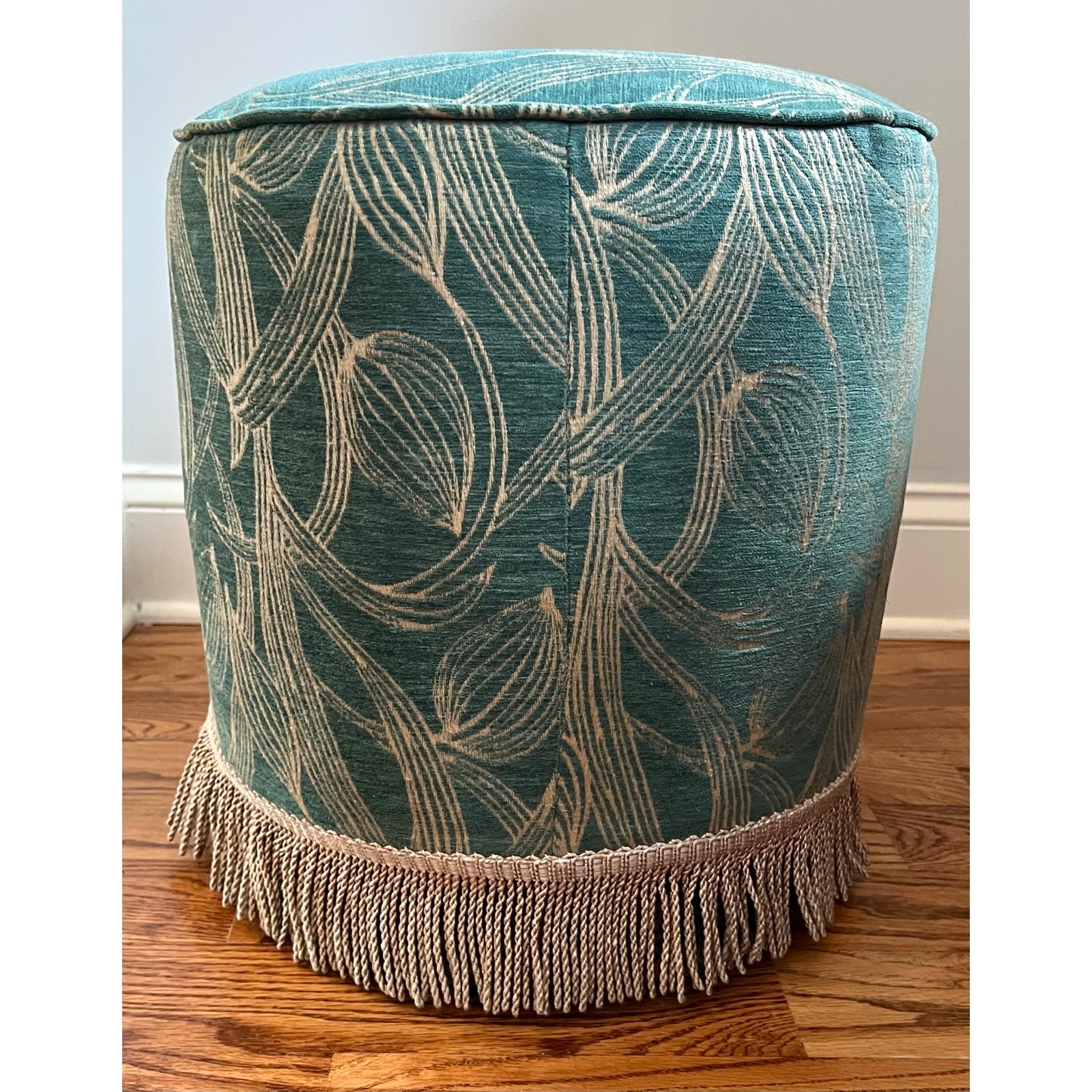 Gubi Pouffe Ottoman Round Stool Upholstered Mid Century Art Deco Fringe Trim 15”