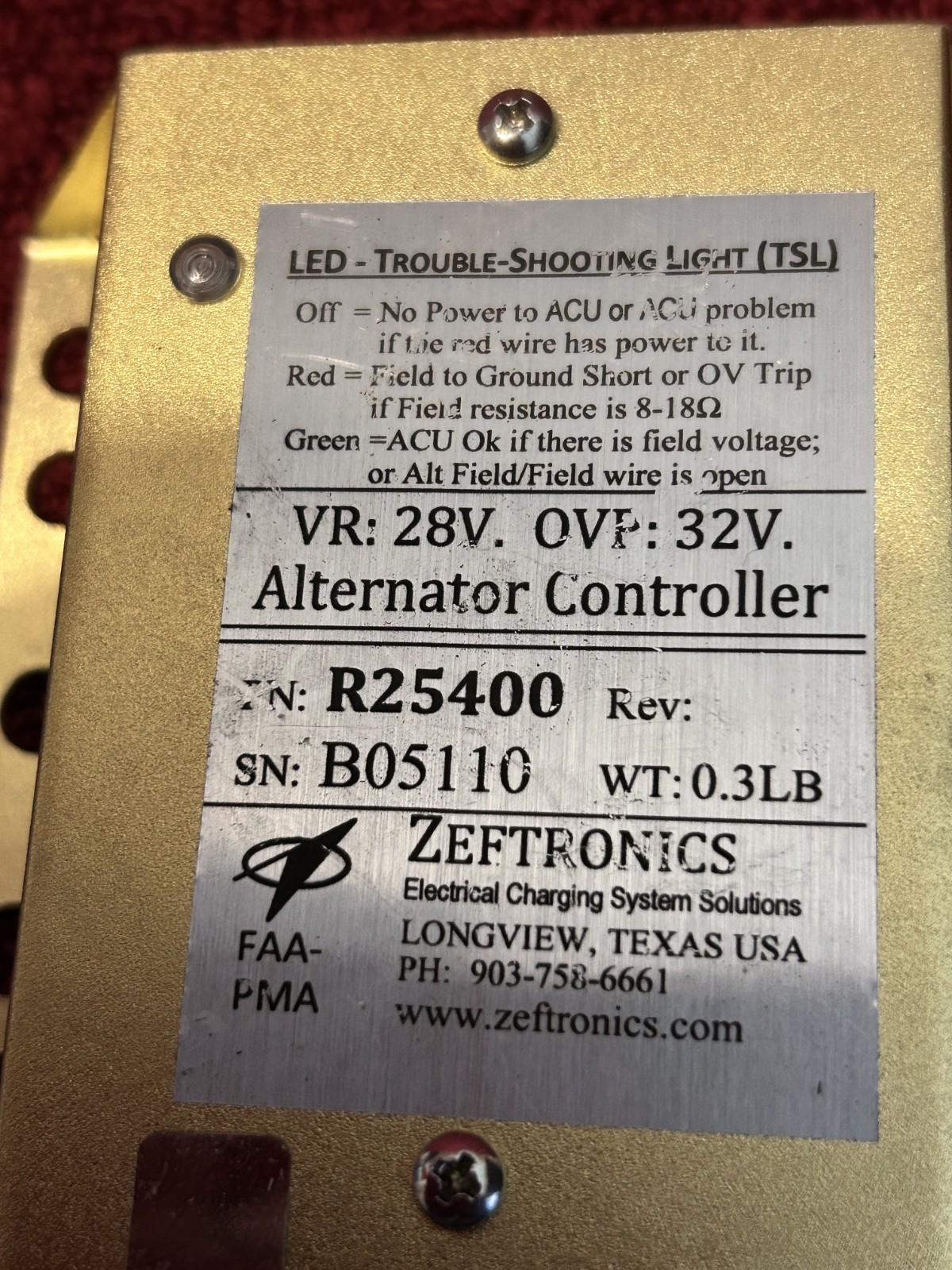 ZEFTRONICS ALTERNATOR CONTROLLER P/N R25400