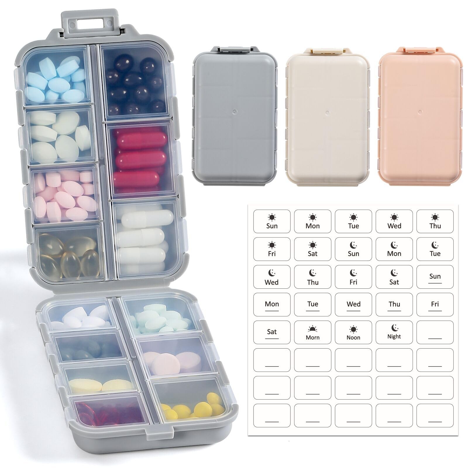 LANDNEOO 14 Grids Pill Organizer Box with White Labels, Khaki+pink+grey