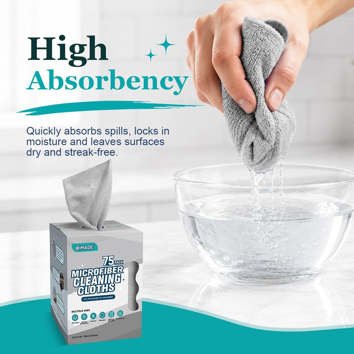 UNIMADE Microfiber Cleaning Cloth, 75 Sheets Towels 75 Pack, Grey